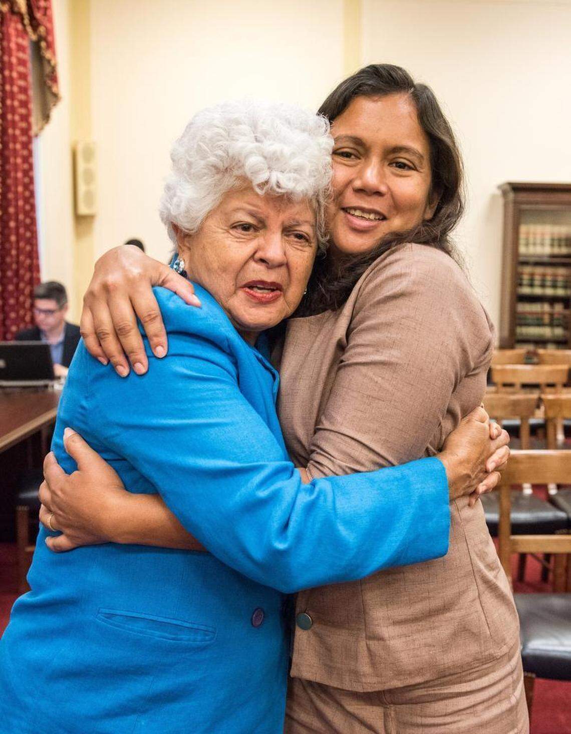 Congresswoman Grace Napolitano, D-Calif., hugs Sonia Hernandez, one of the former detainees who testified during a forum on Family Detention on Capitol Hill in Washington, D.C. on Tuesday.
