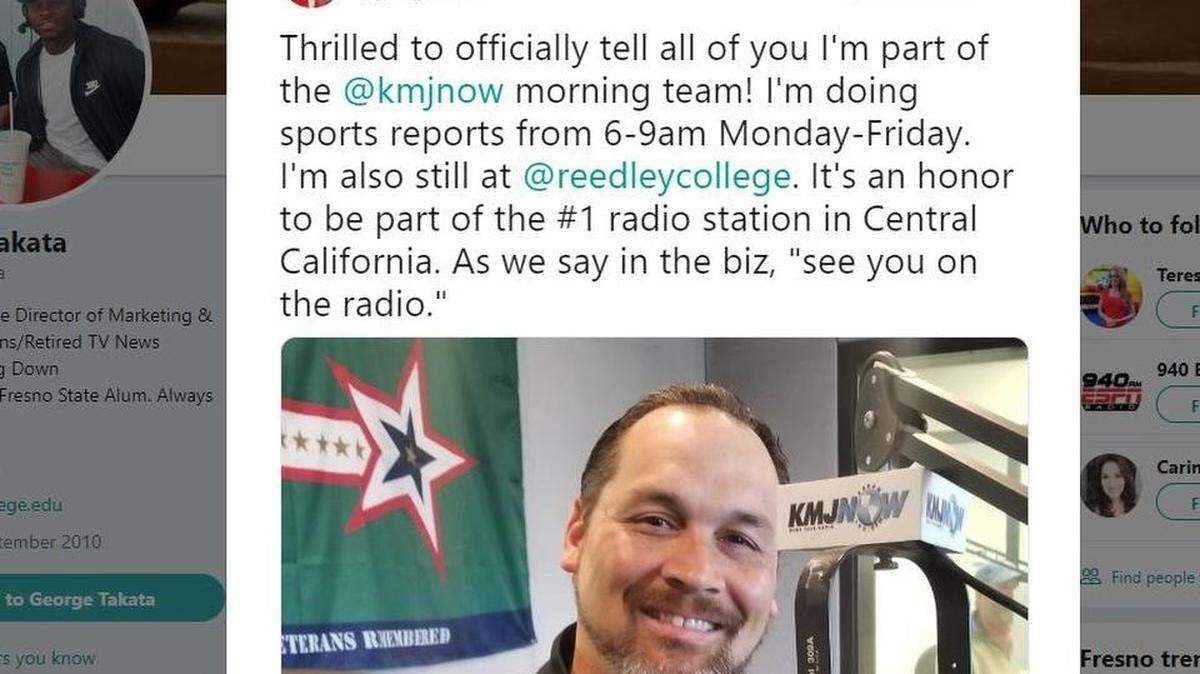 George Takata joined the morning news team at KMJ radio, March 11, 2019. The long-time TV news anchor does sports reports each weekday from 6-9 a.m. Monday