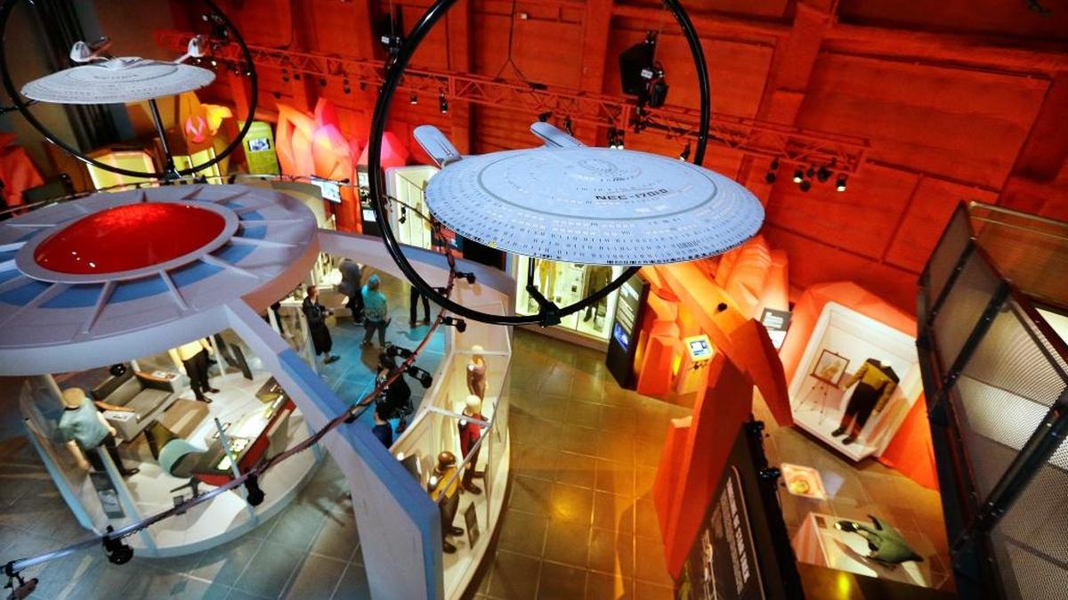 Items from the “Star Trek,” are displayed at an exhibit called, “Star Trek: Exploring New Worlds” for a 50th anniversary celebration of the franchise at the EMP Museum, in Seattle.