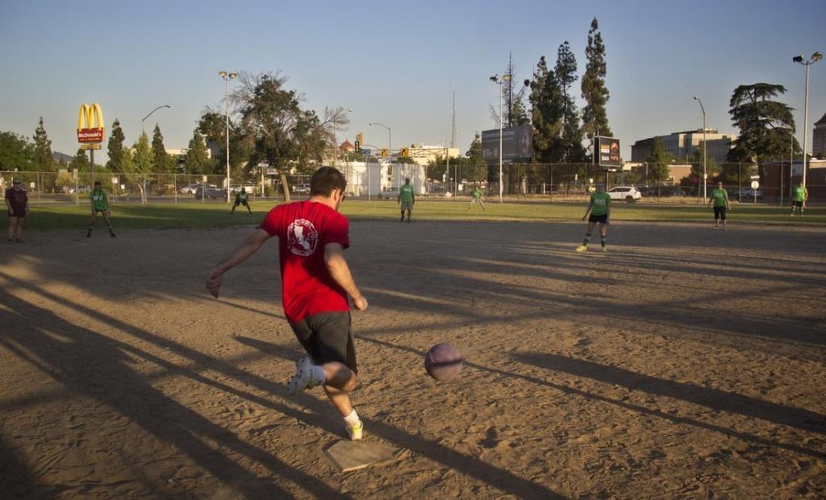 Valley Social Sports hosts a kickball league in downtown Fresno.