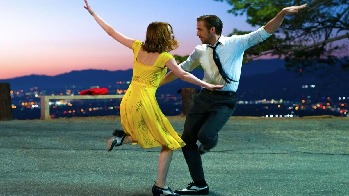 Ryan Gosling as Sebastian and Emma Stone as Mia in a scene from the movie “La La Land,” which was nominated for a record-tying 14 Oscars.