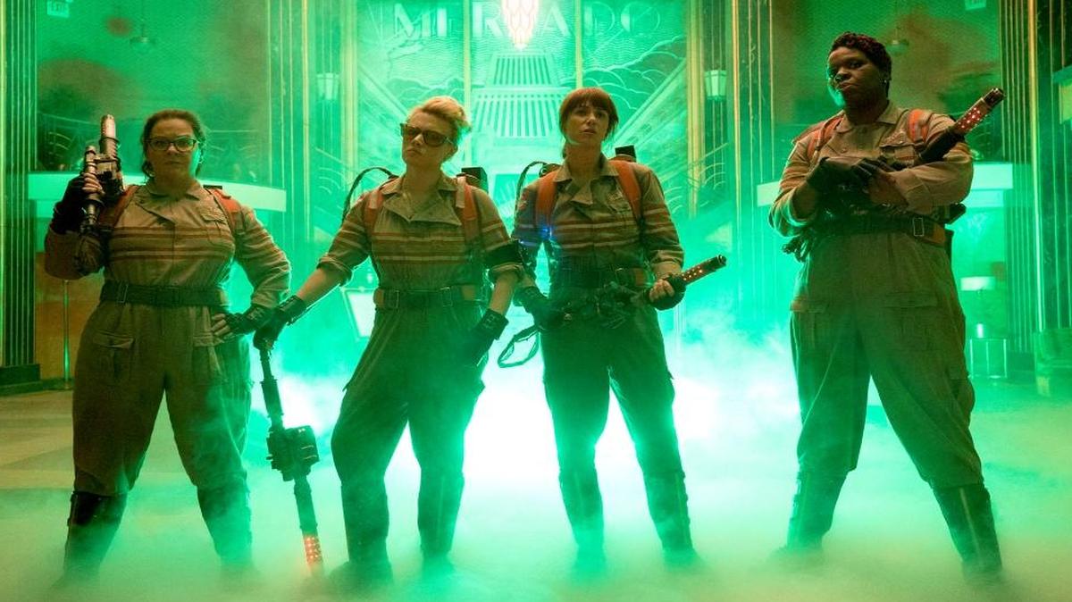 From left, Melissa McCarthy, Kate McKinnon, Kristen Wiig and Leslie Jones in a scene from “Ghostbusters”