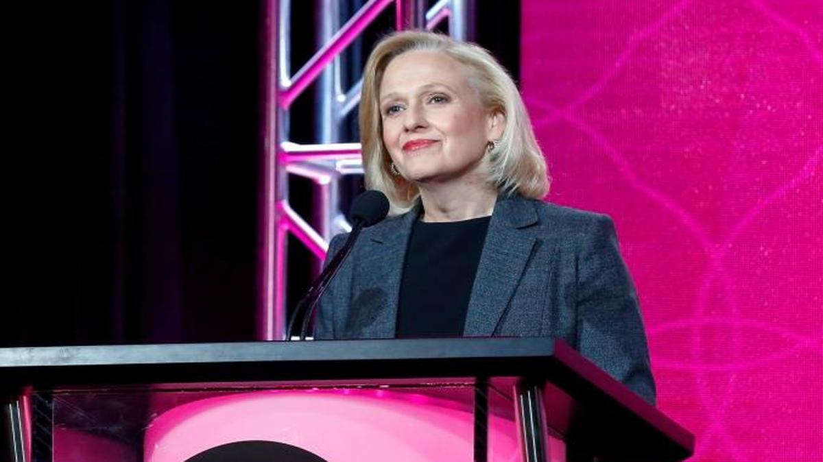 President and CEO Paula Kerger speaks at the PBS’ executive session at the 2017 Television Critics Association press tour in Pasadena.