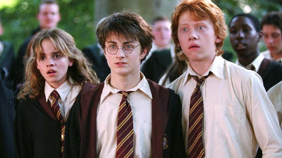 In this image released by Warner Bros., from left, Emma Watson as Hermione Granger, Daniel Radcliffe as Harry Potter and Rupert Grint as Ron Weasley are shown in a scene from “Harry Potter and the Prisoner of Azkaban.”