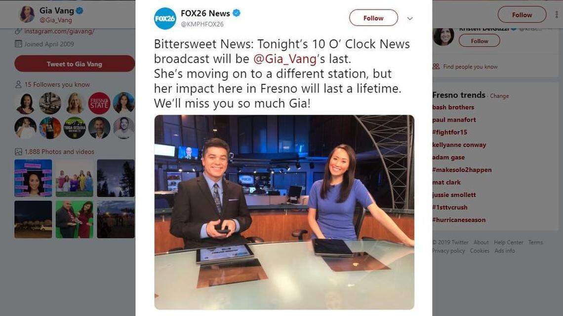 Gia Vang announced her departure from Fox 26. The 10 o’ clock news anchor’s last broadcast for May 22, 2019.