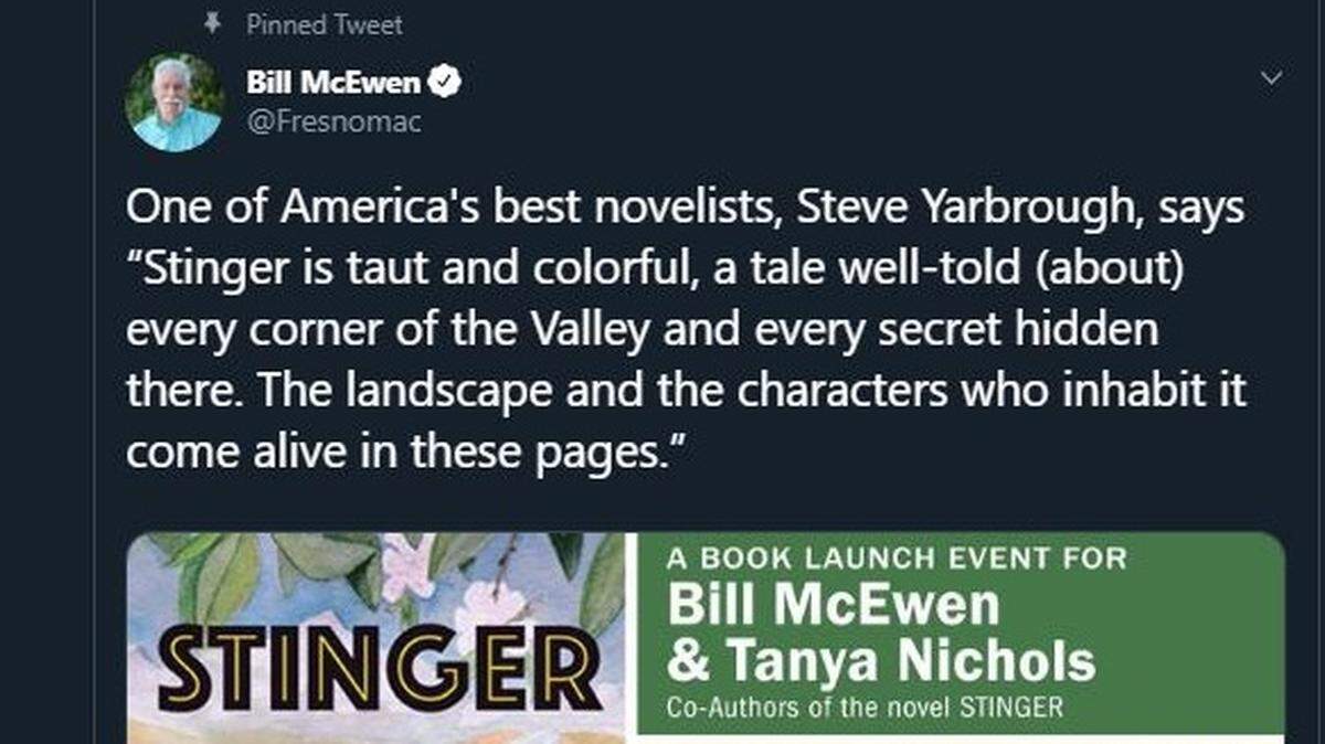 “Stinger,” a new novel from Bill McEwen and Tanya Nichols, get a book launch event Sept. 18., 2019 at 2nd Space Theatre in Fresno, CA.