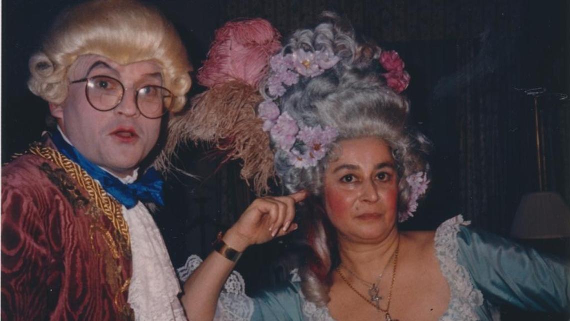 David Hockney and Joan Quinn dressed for a ball (using San Francisco Opera clothing).