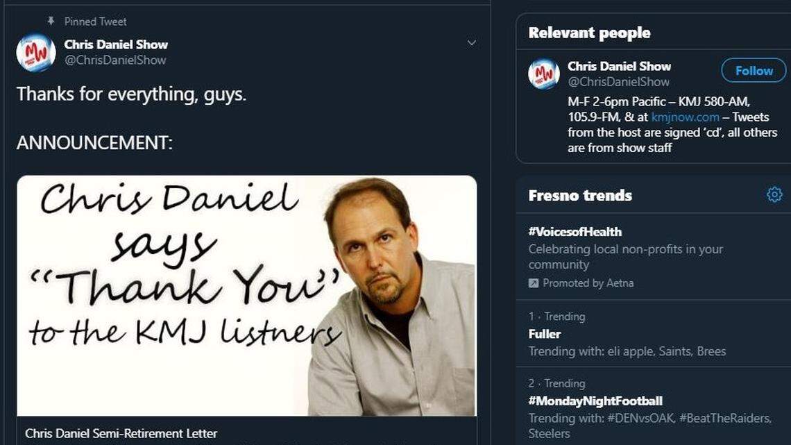 Chris Daniel announced he is leaving his self-titled radio talk show on KMJ AM 580.