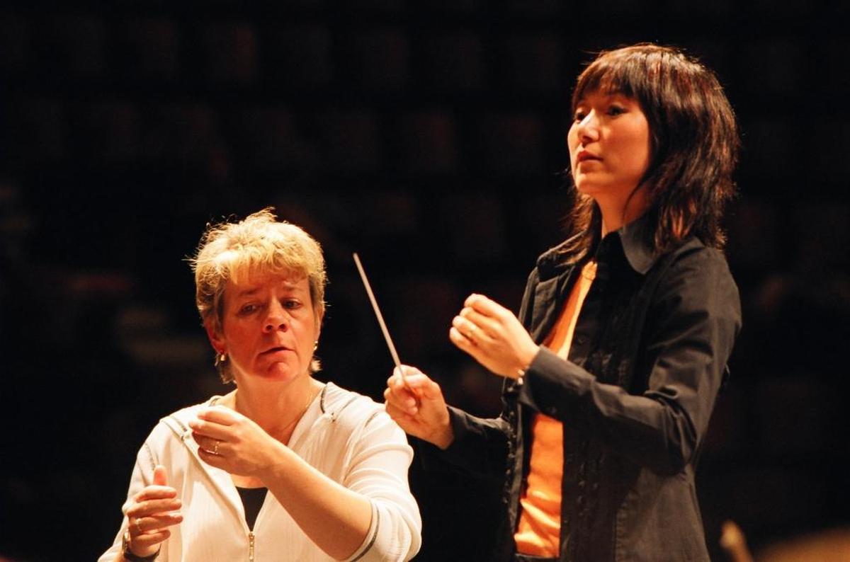 Fresno Philharmonic Music Director Rei Hotoda with her mentor Marin Alsop. Alsop was a protégé of the late Leonard Bernstein. The Fresno Philharmonic honors Bernstein’s legacy with a Bernstein at 100 concert Feb. 25 at the Saroyan Theatre.