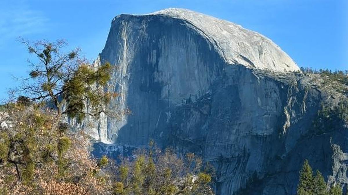 Half Dome looms over a meadow, as green foliage gives way to Fall colors while visitors explore Yosemite Valley. Entrance to the park is waived on Jan. 15 in observance of Martin Luther King Jr. Day.