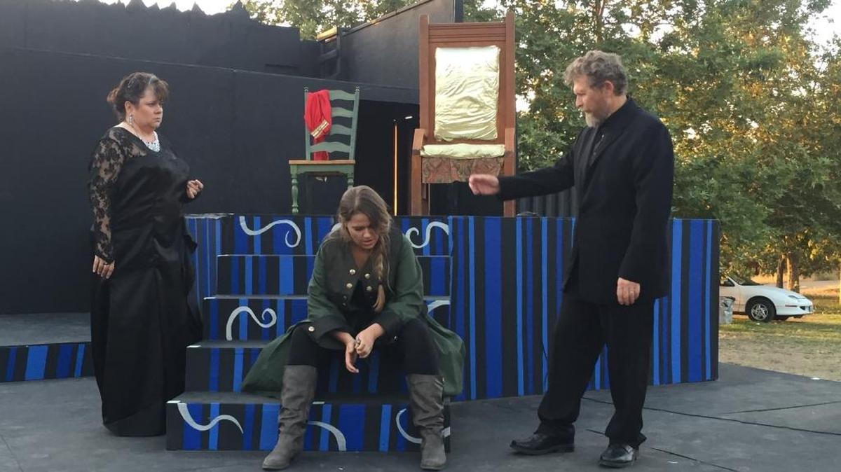 Lisa Taber, left, Casey Ballard and Thomas Nance in Woodward Shakespeare Festival’s ‘Hamlet.’