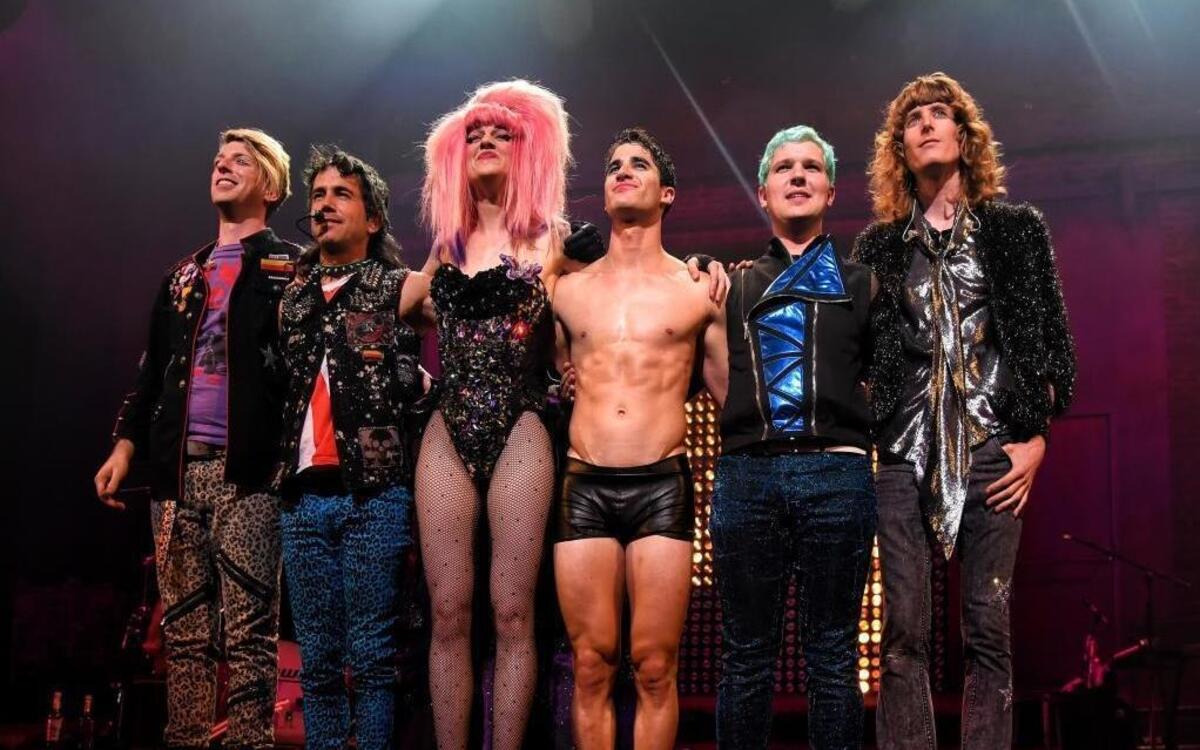 The cast of the national tour of ‘Hedwig and the Angry Inch’ takes a bow opening night on Wednesday, Oct. 5, at San Francisco’s Golden Gate Theatre. Third from left is Lena Hall, and to her right, Darren Criss.