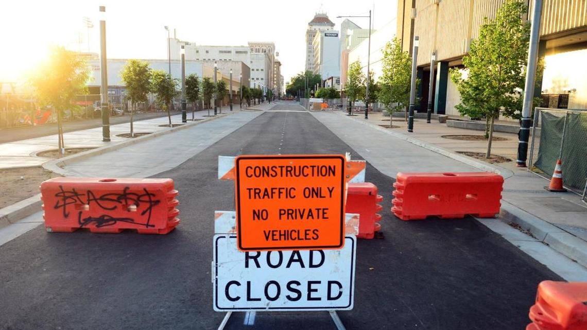 A sign closes off an entrance to the Fulton Mall, which is being reconstructed to once again allow vehicle traffic after about 50 years of being a pedestrian mall. The southern section of the mall will be open to traffic in late August.