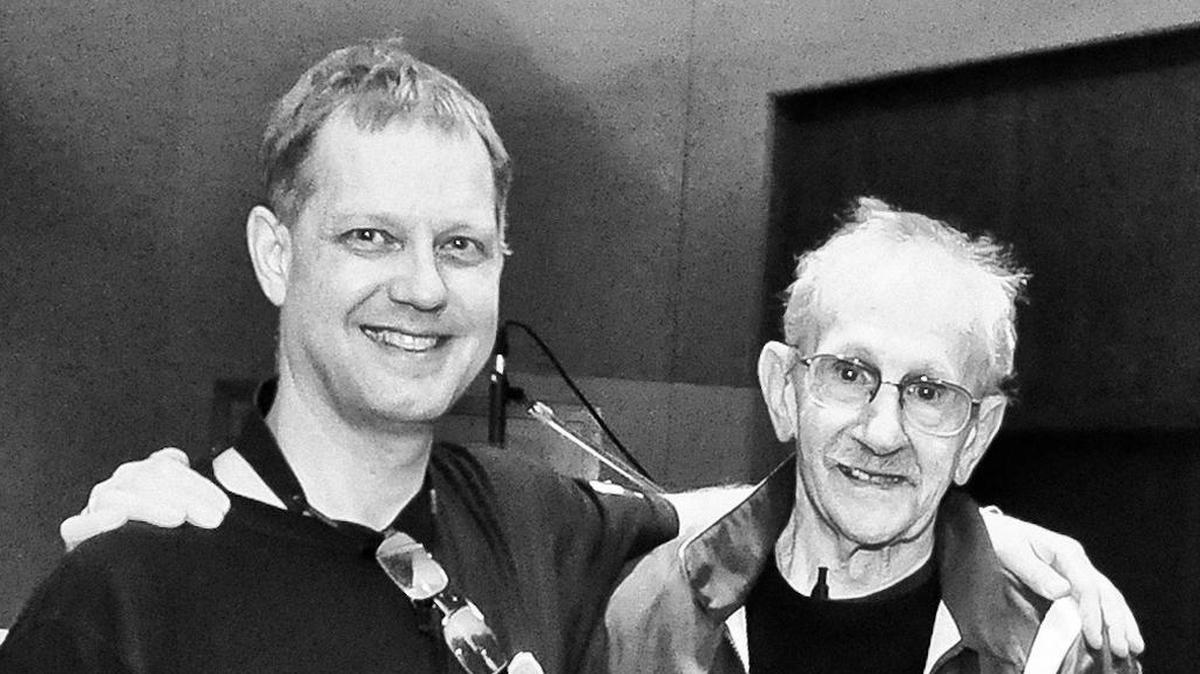 Poet Philip Levine, right, and musician Benjamin Boone in the studio working on “The Poetry of Jazz.”