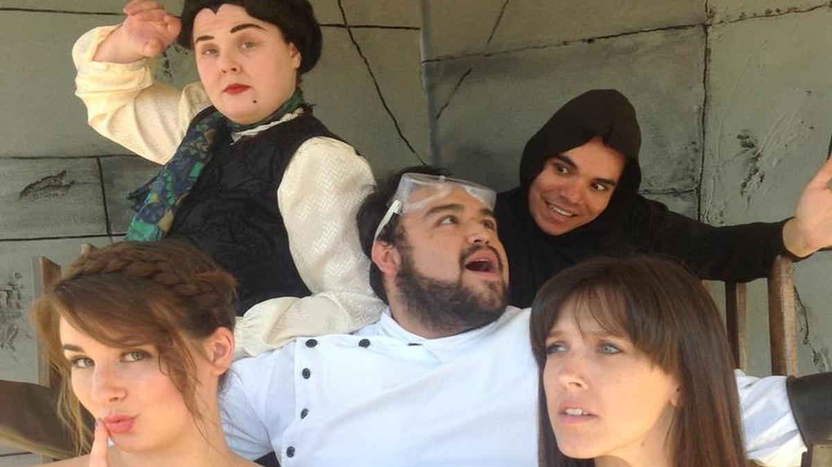 The cast of Theater Arts Alliance’s “Young Frankenstein.” Clockwise from top left: Katie LaBlue as Frau Blúcher, Zac Cromer as Igor, Adrian Oceguera as Frederick, Felicity Brophy as Inga, and Brooke Rogers as Elizabeth.