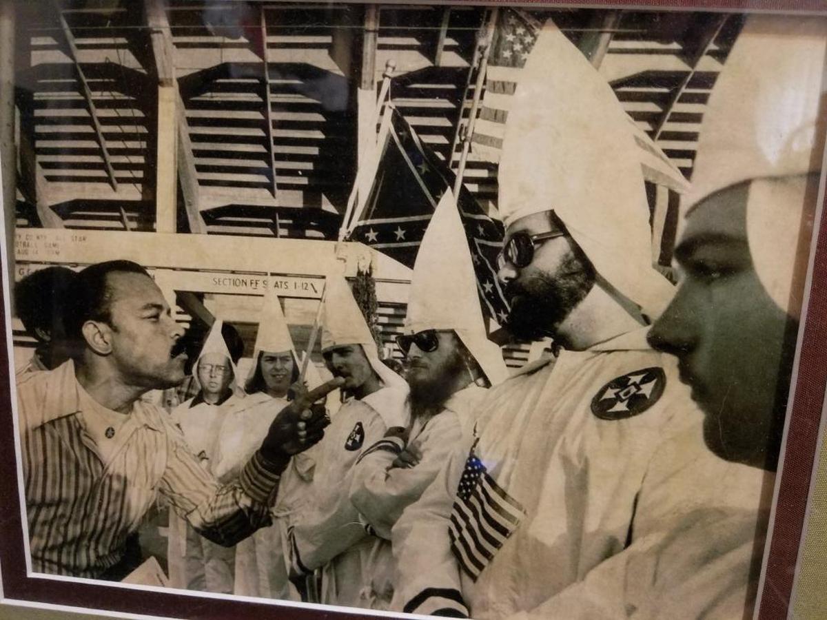 A Fresno Bee archive photo show J.R. Starr confronting members of the Klu Klux Klan outside Ratcliffe in Fresno.