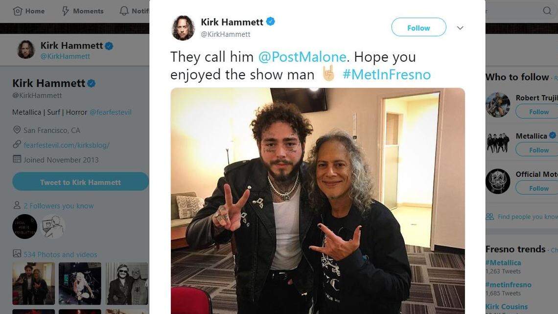 Metallica guitarist Kirk Hammett and rapper Post Malone in a picture posted on Twitter.