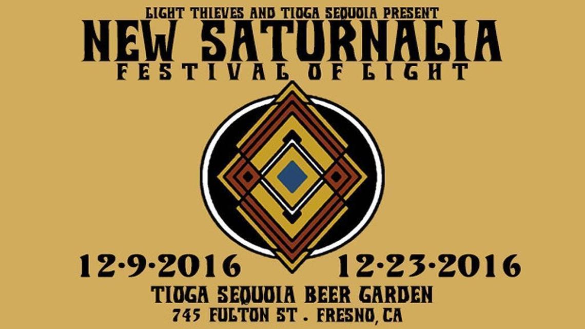 A flier for New Saturnalia, a series of free, all ages concerts from Fresno psych band Light Thieves. The band hosting a crowd funding campaign in conjunction with the shows.