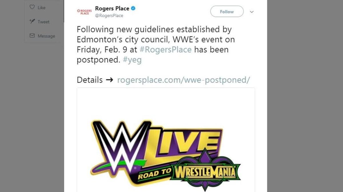 Rogers Place in Edmonton Canada postponed a WWE event after the city instituted a one-year ban on combat sports.