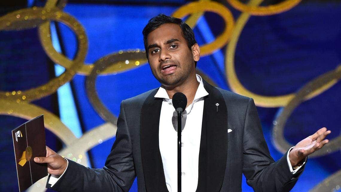 Aziz Ansari, seen here presenting the award for outstanding writing for a variety series at the 68th Primetime Emmy Awards, performs June 28, 2019, at the Warnors Theatre in Fresno.