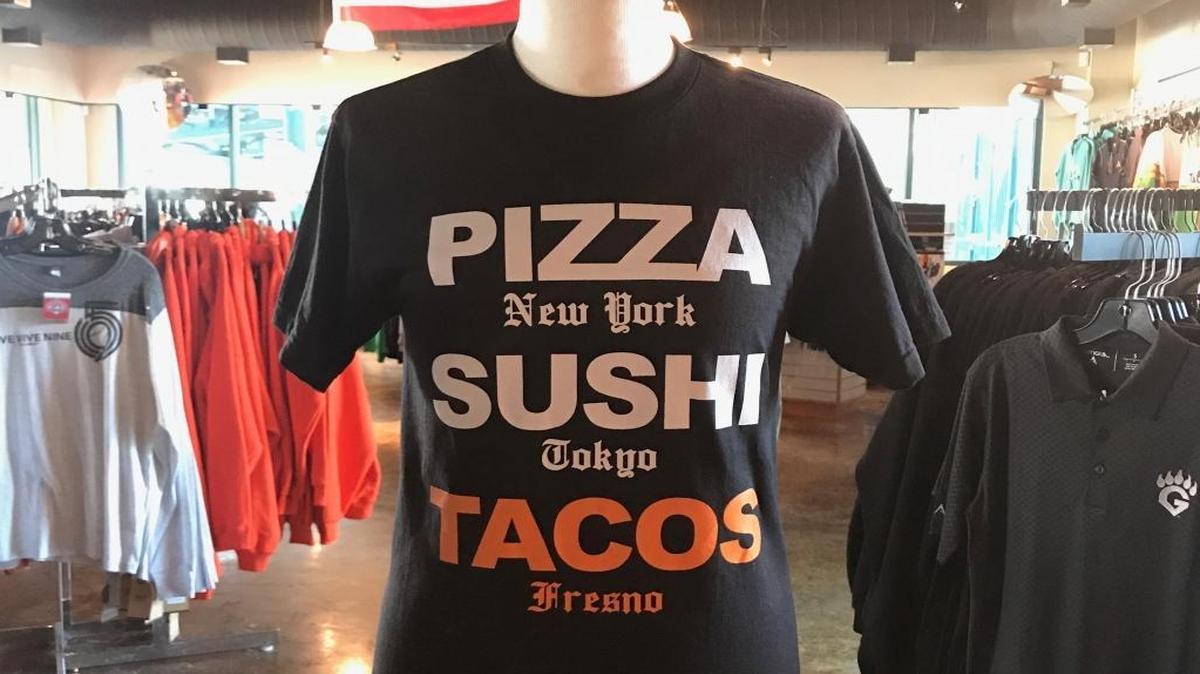 This T-shirt from the Fresno Grizzlies sums up the city’s relationship with tacos. According to the Wall Street Journal, tacos are a big trend in fashion.