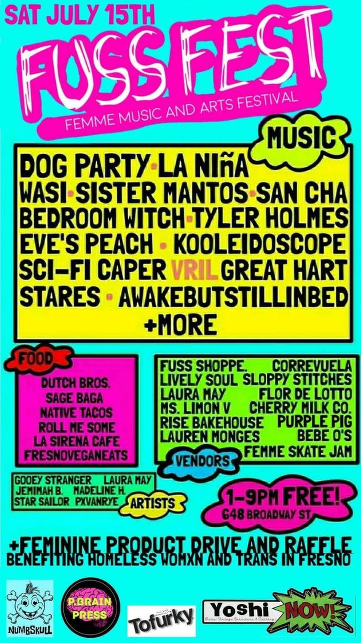 Flier for FUSS Fest, a femme music and art festival happening Saturday, July 15 in downtown Fresno.