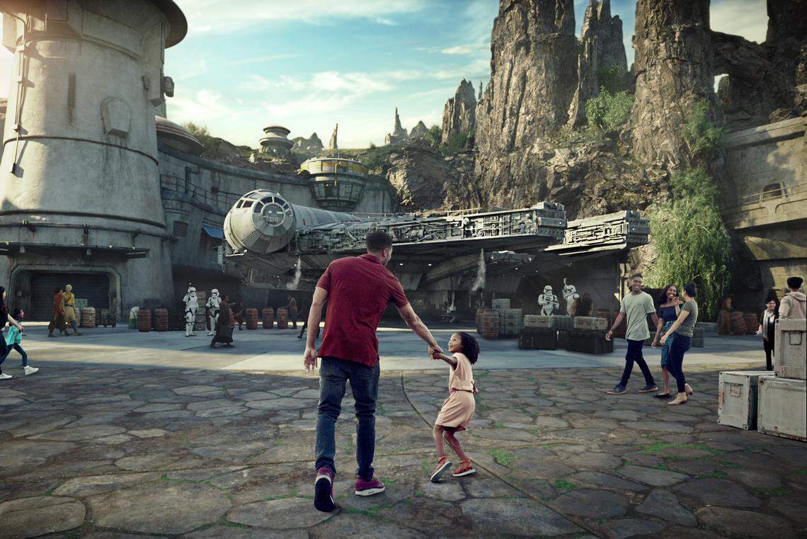 Star Wars: GalaxyÕs Edge will open May 31, 2019, at Disneyland Park in Anaheim, California, and August 29, 2019, at Disney’s Hollywood Studios in Lake Buena Vista, Florida. At 14 acres each, Star Wars: GalaxyÕs Edge will be Disney’s largest single-themed land expansions ever, transporting guests to live their own Star Wars adventures in Black Spire Outpost, a village on the remote planet of Batuu, full of unique sights, sounds, smells and tastes. Guests can become part of the story as they sample galactic food and beverages, explore an intriguing collection of merchant shops and take the controls of the most famous ship in the galaxy aboard Millennium Falcon: Smugglers Run. (Disney Parks)