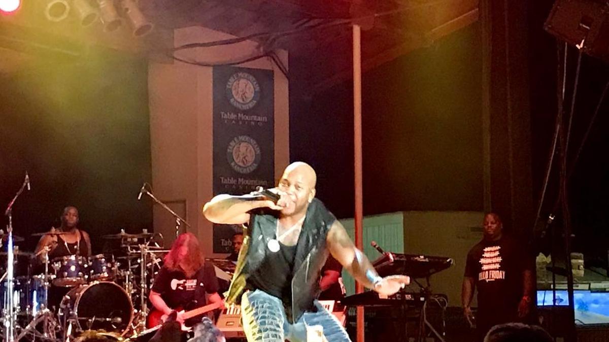 Flo Rida on stage singing “Low” at The Big Fresno Fair Saturday, Oct. 15.