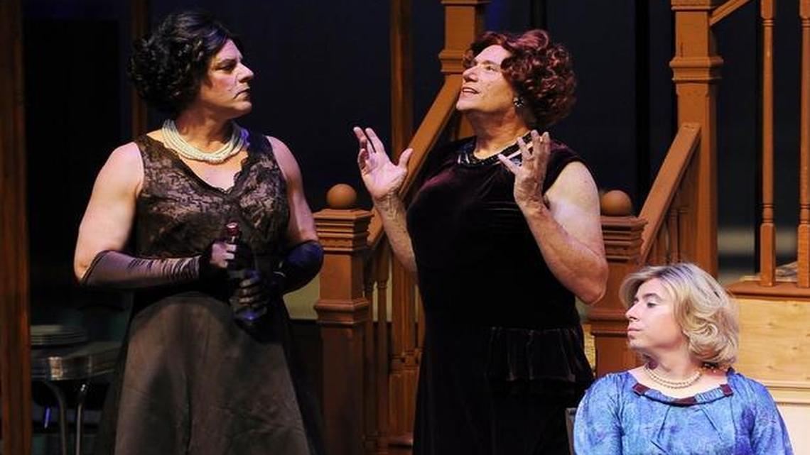 Michael Peterson, left, as Amy, Richard Ruth, center, as Valentina, and Billy Jack Anderson, right, as Charlotte, play some of the cross-dressing characters in StageWorks Fresno’s production of “Casa Valentina.”The play tells the story of men who dress as women in the Catskills in the 1960s; it runs through Aug. 7 at the Pessano Theatre in the Clovis North High School performing arts center.
