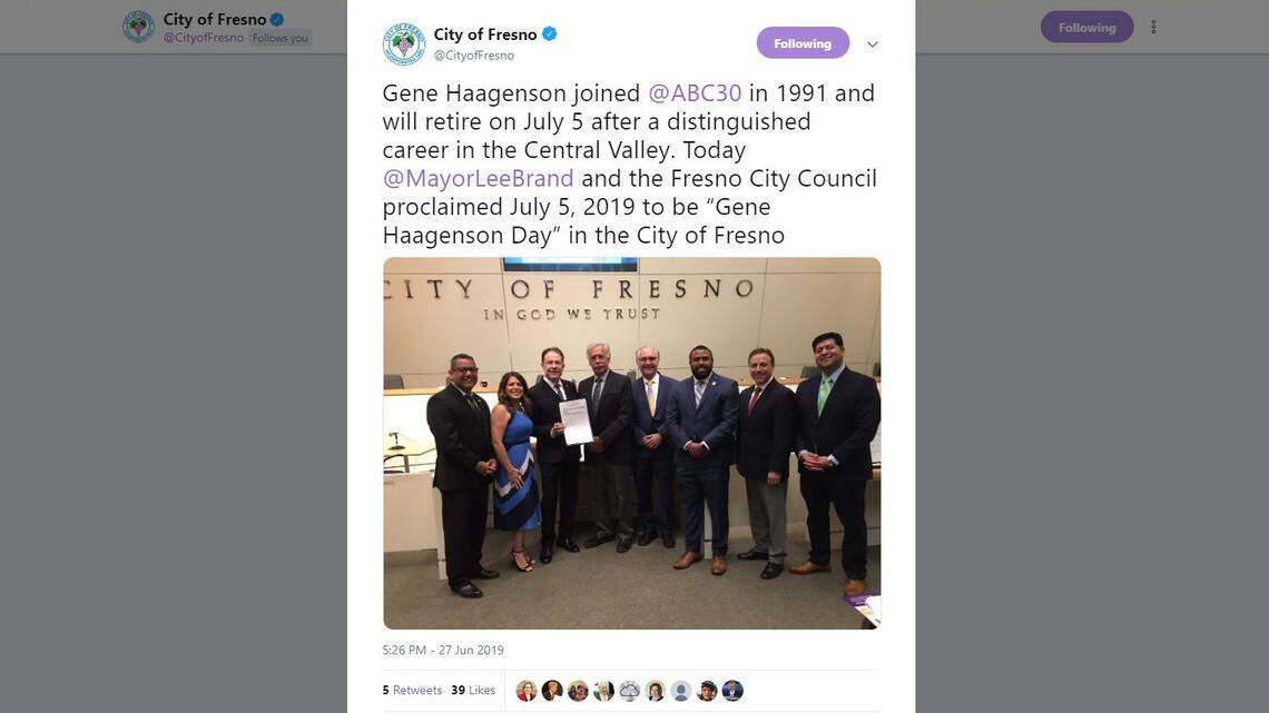 July 5, 2019 is officially Gene Haagenson day in Fresno, CA. The veteran news reporting is retiring after 28 years with ABC30.