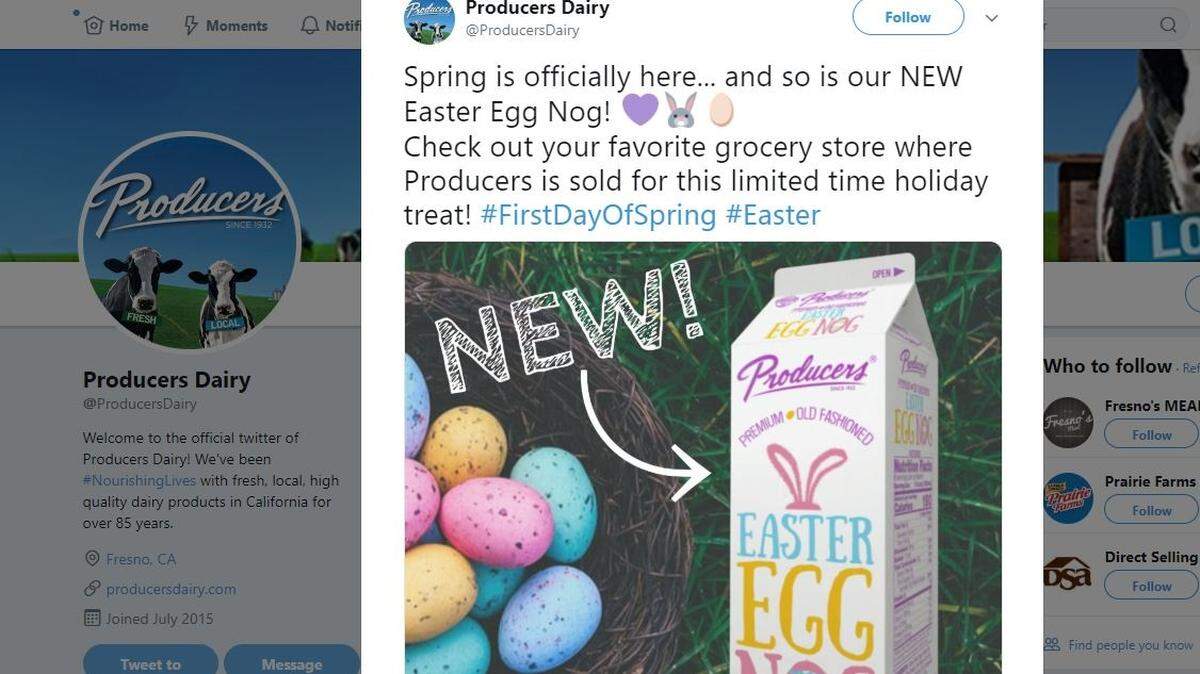 Producers Dairy is releasing a speical Easter Eggnog, available in store April, 2019.