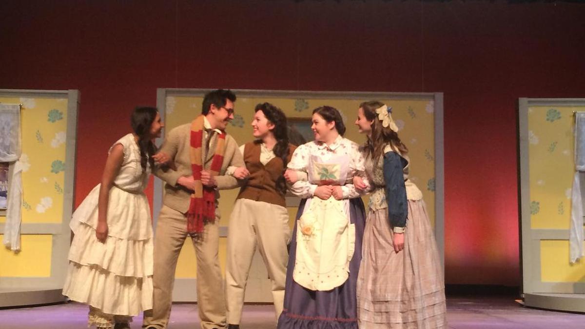 Annelise Escobedo, left, EJ Hinojosa, Meg Clark, Gracie Watkins and Emily Mooney in Fresno Pacific’s ‘Little Women.’
