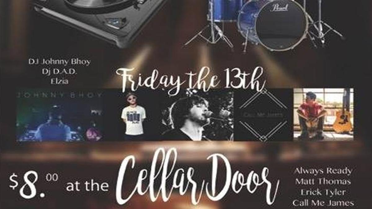 Flier for DJs vs. Bands concert happening Friday, January13 at Cellar Door.