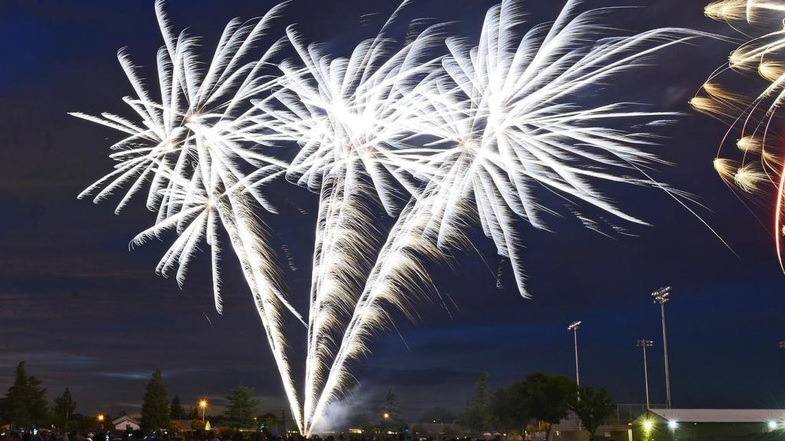 Fireworks explode in the sky during the Selma Community Independence Day Celebration at Selma High School’s Staley Stadium in 2015.