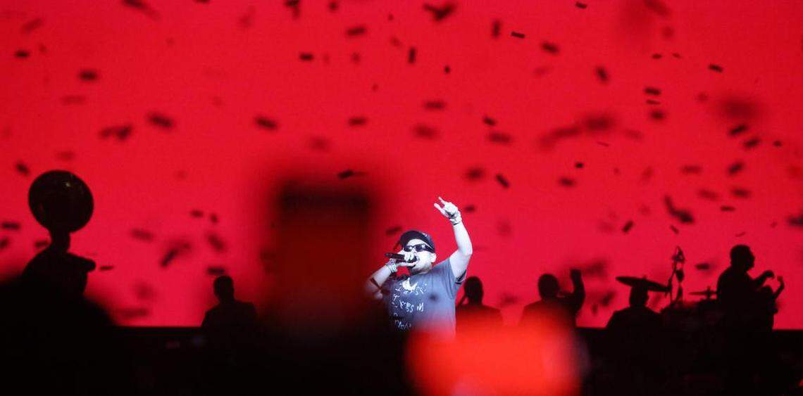 Confetti rains down on Fuerza Regida during its sold-out concert at the Save Mart Center on Aug. 5, 2023.