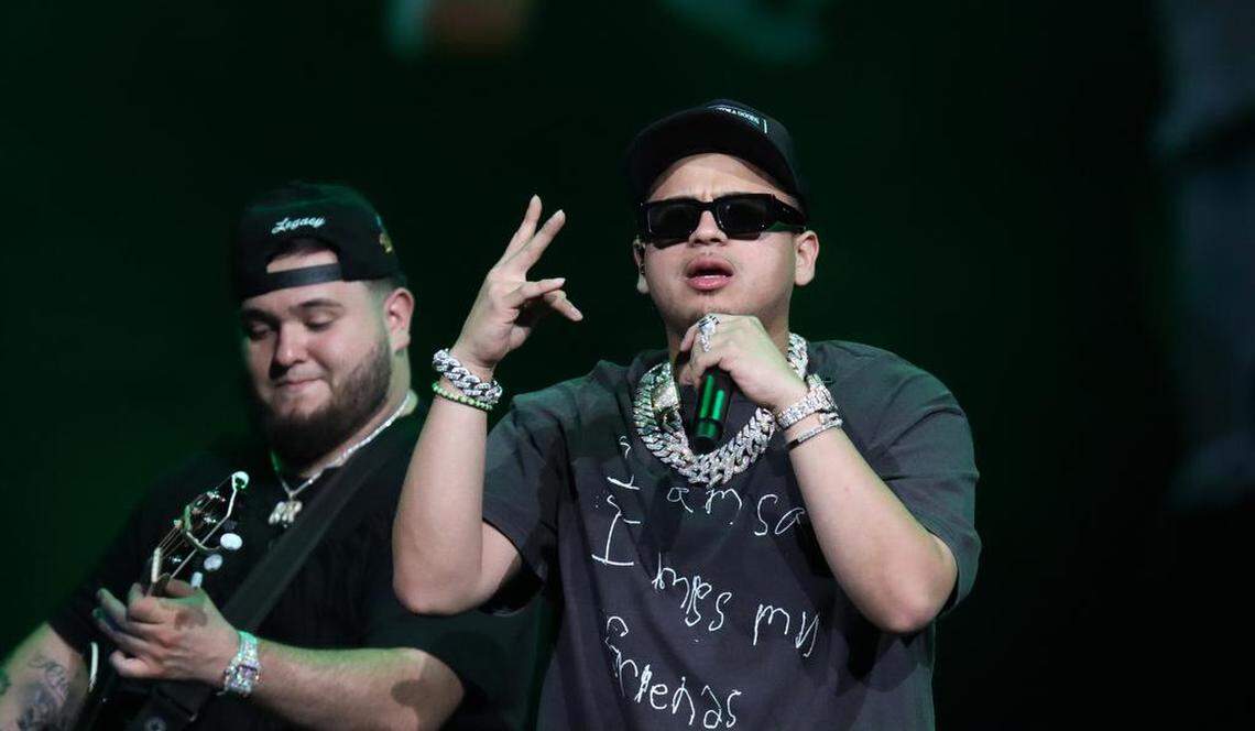 Jesús Ortiz Paz, lead vocalist for Fuerza Regida, performs before a sellout crowd at the Save Mart Center on Aug. 5, 2023.