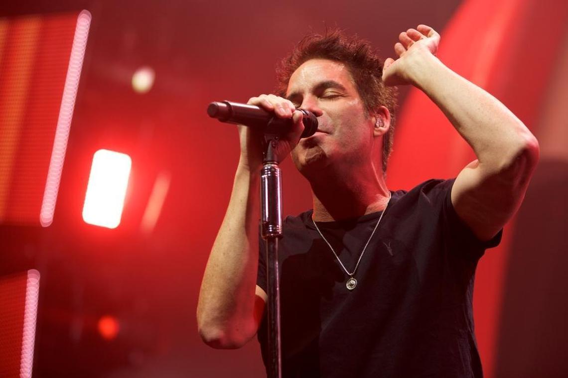 Patrick Monahan, lead singer of Train, performs at the Save Mart Center on July 11, 2017 on the band's "Play That Song" tour.