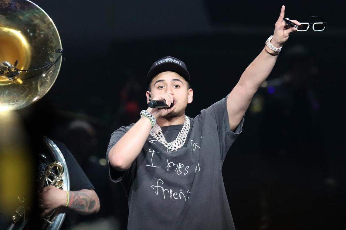 Jesús Ortiz Paz, lead vocalist for Fuerza Regida, performs before a sellout crowd at the Save Mart Center on Aug. 5, 2023.