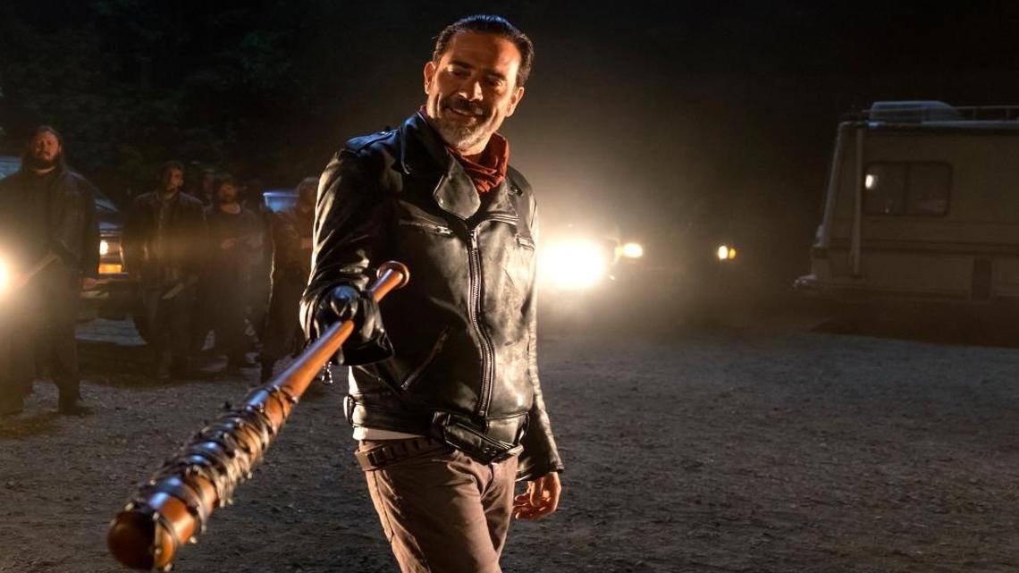 Jeffrey Dean Morgan as Negan appears in a scene from “The Walking Dead.” The Walking Dead returned with a bloody bang for its seventh season as the victim of bat-wielding bad guy Negan was revealed in the Sunday, Oct. 23, 2016 premiere.