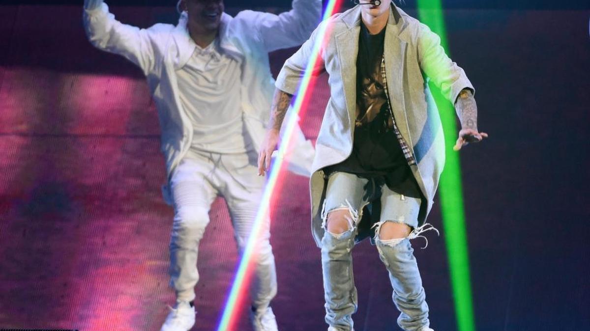 Justin Bieber performs during his “Purpose World Tour” in Los Angeles on March 20.