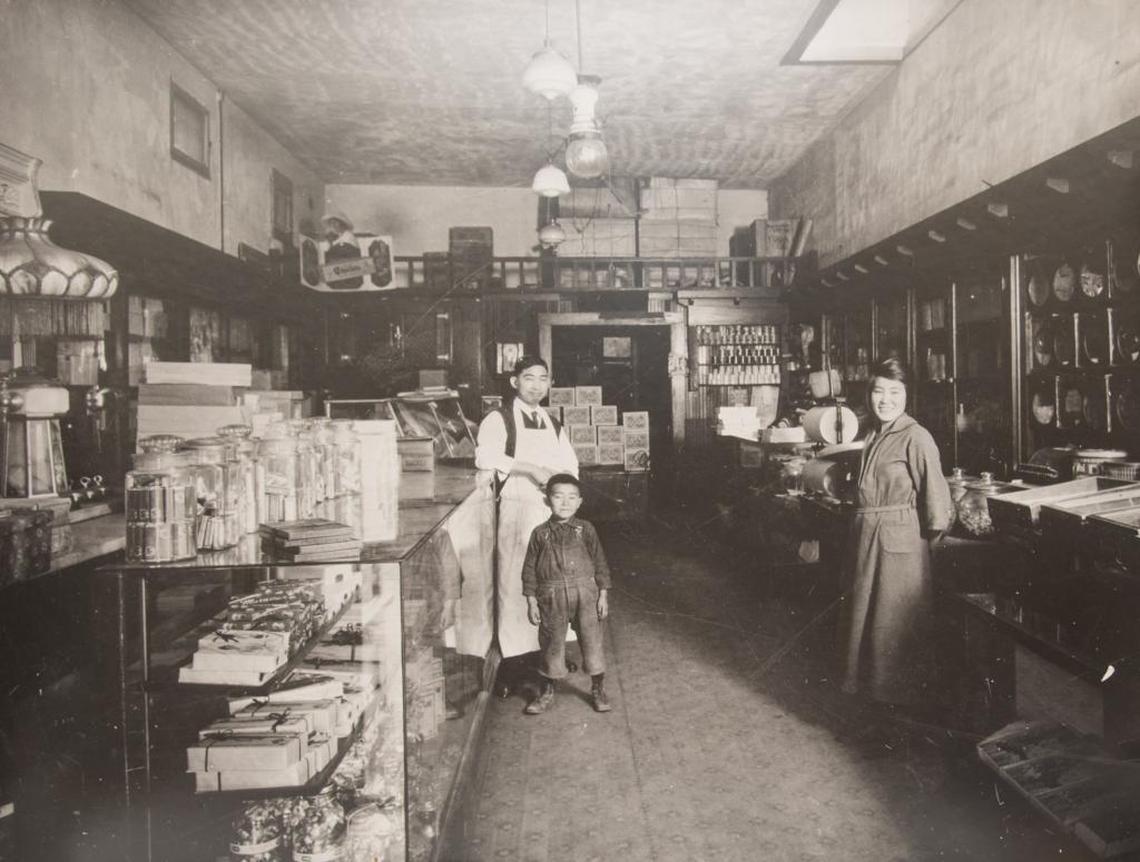 Kogetsu-Do has a long history in Fresno’s Chinatown. This picture from 1920 shows Sugimatsu Ikeda, grandfather, Sakino Ikeda, grandmother, and Roy Ikeda, uncle of its current owner, Lynn Ikeda.