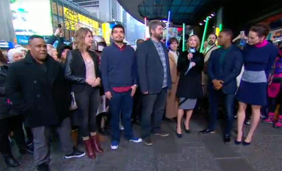 From left, Brandon Jackson, Kia Vassiliades, Roque Rodriguez and Brian Harley - Fresno actors and creators of a low-budget video that mimics a film trailer for “Star Wars: The Force Awakens” - appear on “Good Morning, America” in New York on Wednesday, Dec. 2, 2015. To the right of Harley are “GMA” host Amy Robach and “The Force Awakens” stars John Boyega and Daisy Ridley.