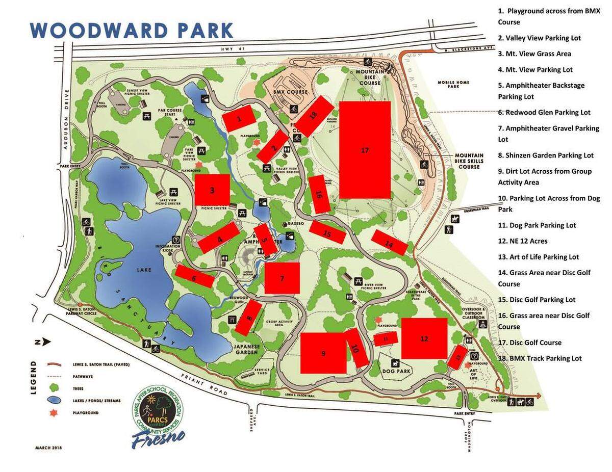 A map of available parking inside Woodward Park May 18-19 for Grizzly Fest.
