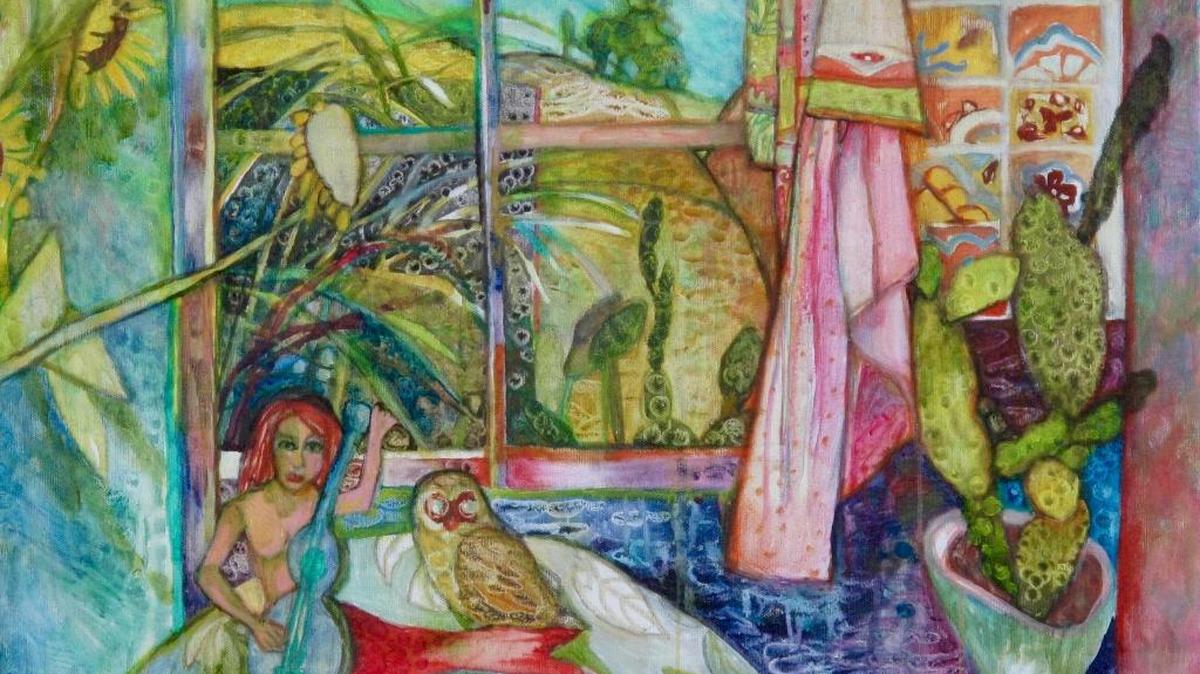 Dixie Salazar’s “Tears of the Owl: Enter the Mermaid’s Song” is part of her exhibition, “Making Music With Paint,” at the Fresno Music Academy, featured at ArtHop.