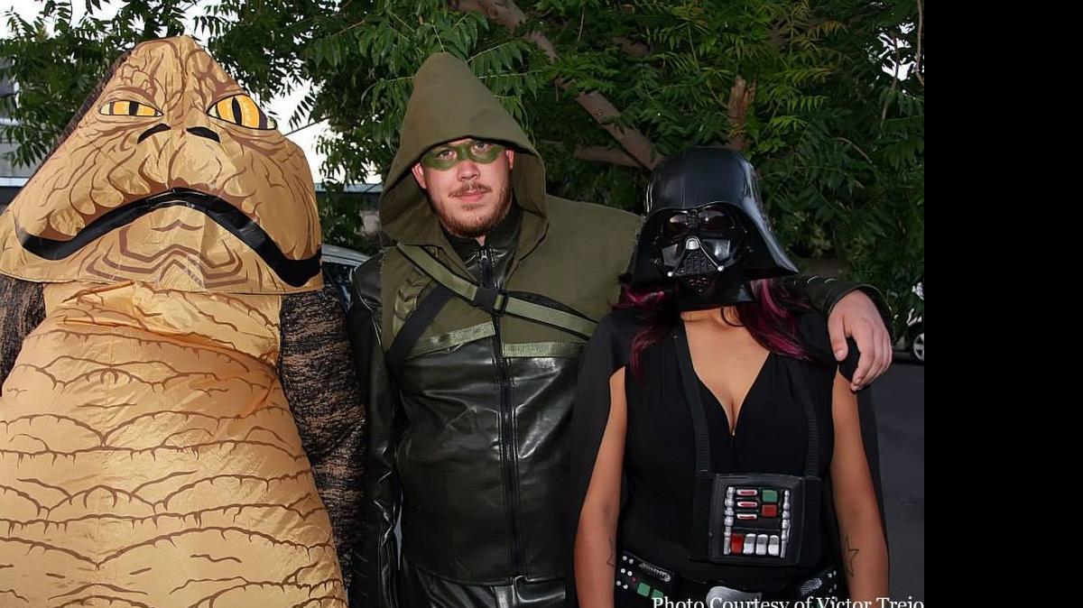 
Jabba the Hut, The Arrow and Death Vader pose during last year’s Comic Crawl in Fresno’s Tower District. This year’s crawl happens Saturday, May 30.
