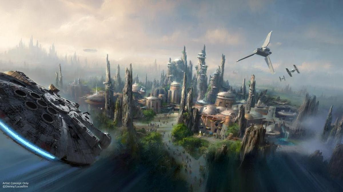 This image provided by Disney parks shows the Star Wars-themed land coming to Disneyland park in Anaheim, creating Disney’s largest single-themed land expansions ever at 14-acres. It will have two signature attractions, including the ability to take the controls of one of the most recognizable ships in the galaxy, the Millennium Falcon, on a customized secret mission, and an epic Star Wars adventure that puts guests in the middle of a climactic battle.