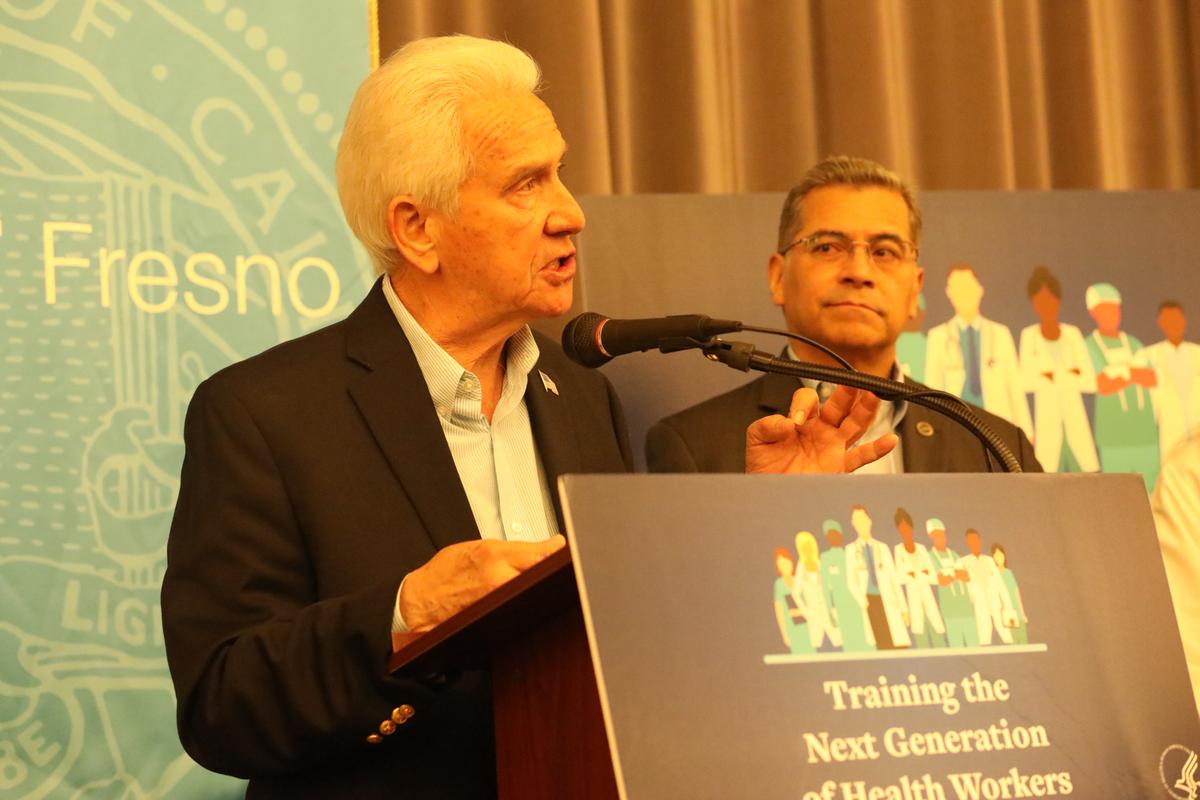 Congressman Jim Costa, D-Fresno, and former U.S. Health and Human Services Secretary Xavier Becerra announce a partnership to contraceptive care for Fresno County residents on May 20, 2024.