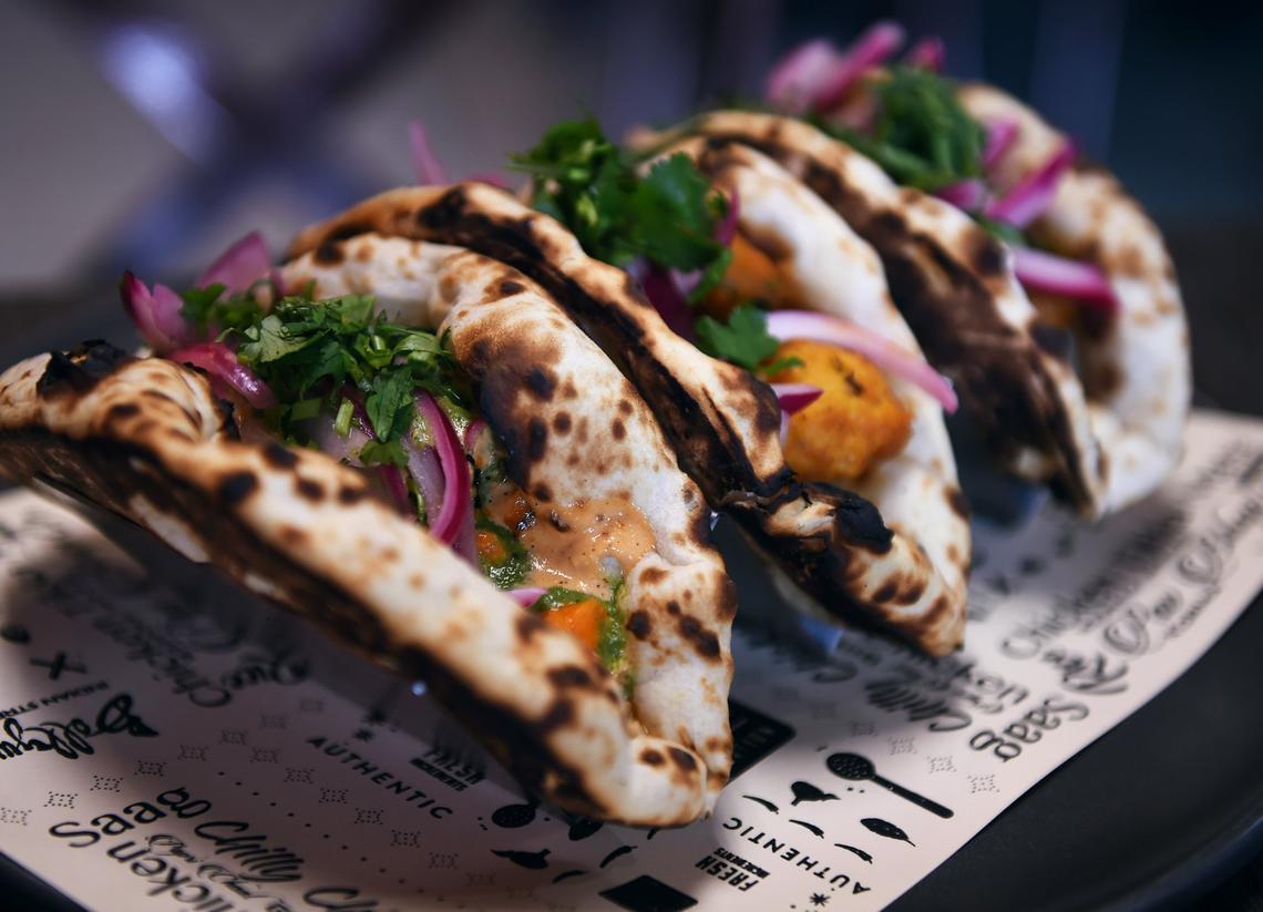 Chicken Tikka tacos served on naan, from Bollywood Indian Street Food Wednesday, Feb. 20, 2019 in Fresno.