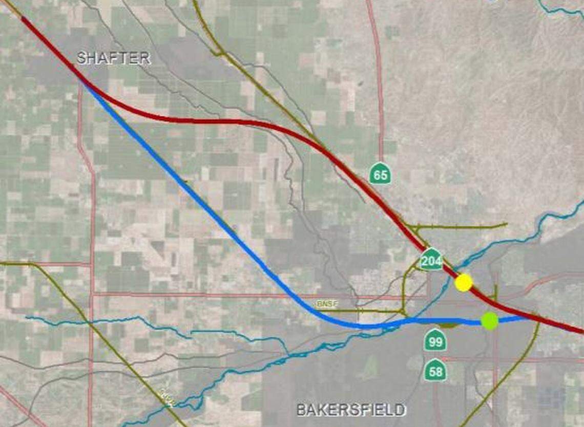 A new route for a segment of California’s proposed bullet-train line into Bakersfield was approved Tuesday, Oct. 16, by the California High-Speed Rail Authority board. It calls for entering the city from the north, depicted in red on the map. It replaces a route option adopted in 2014 that entered the city from the west, shown in blue. The yellow marker represents the new site chosen for a rail station, while the green marker was the site in downtown Bakersfield that was formerly preferred.