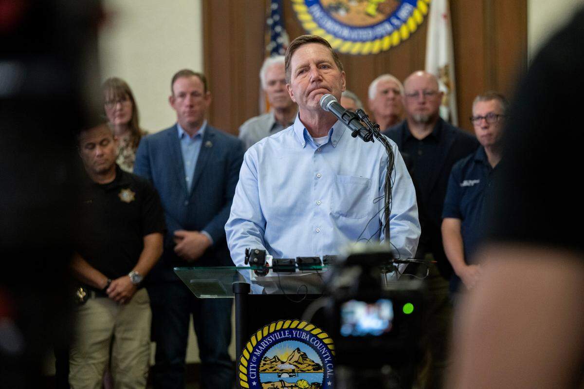 Marysville City Manager Jim Schaad declares a state of emergency during a news conference on Friday, June 21, 2024 amid the risk of collapse of the Hotel Marysville, a historic downtown gutted Saturday and Sunday by a fire.